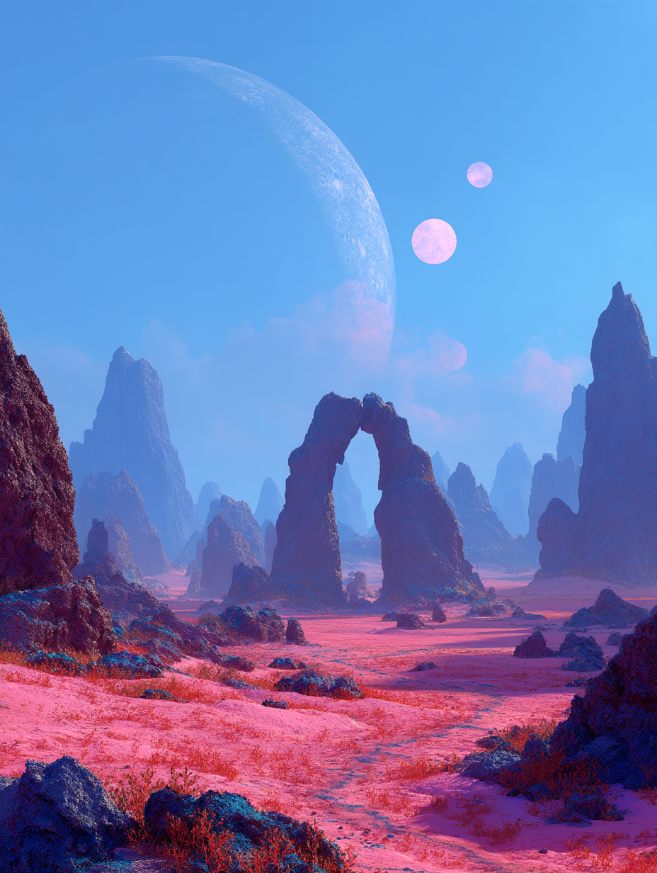 Alien landscape with arches and pink moons