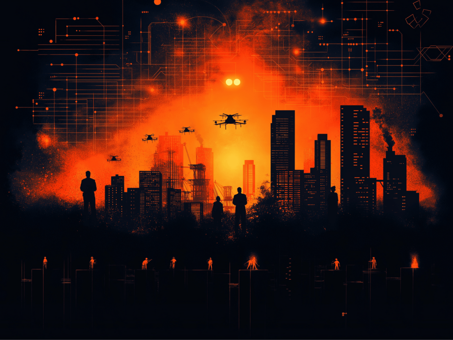 Cyberpunk cityscape in fiery hues