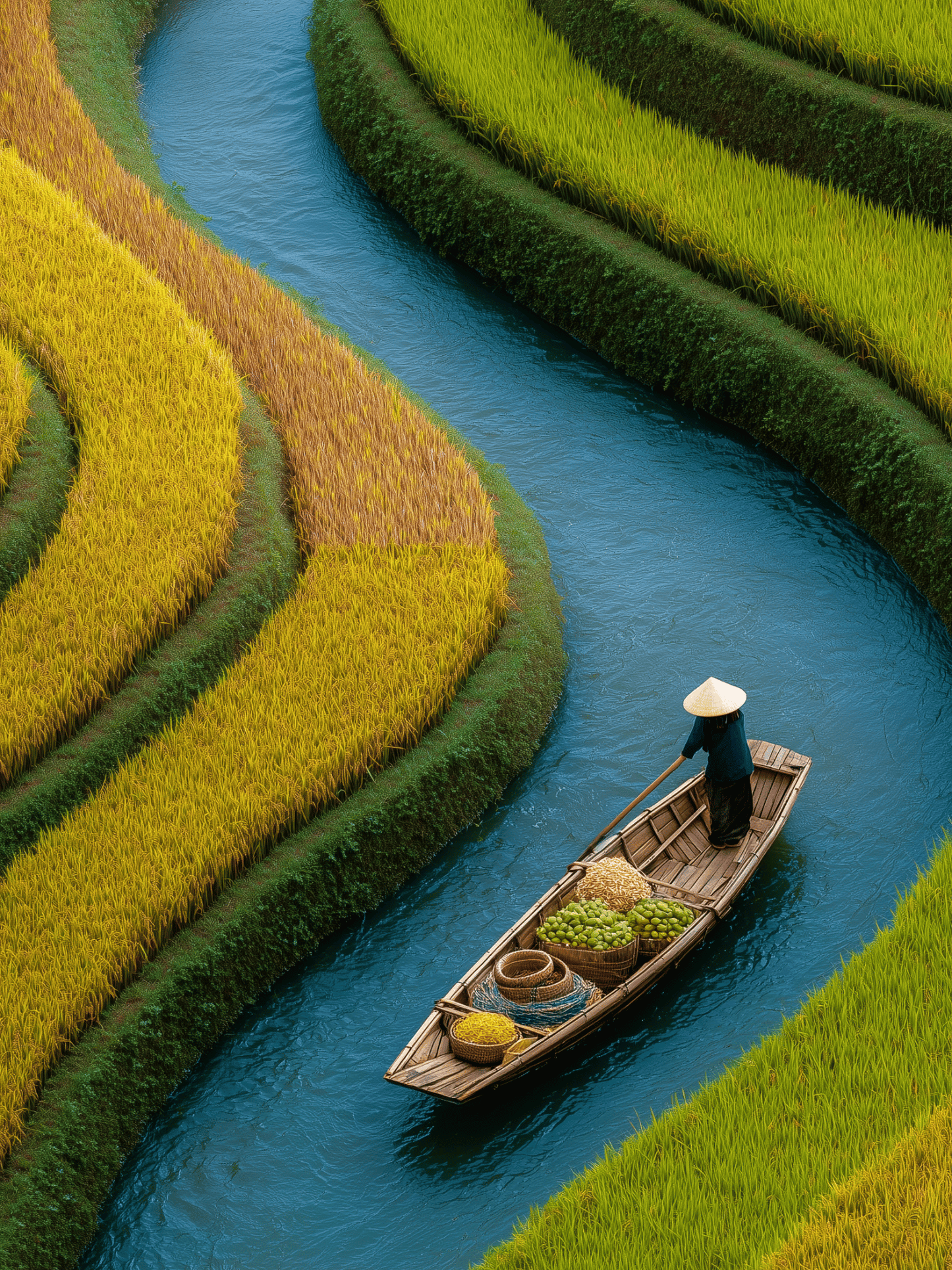 Farmer rowing through lush rice terraces