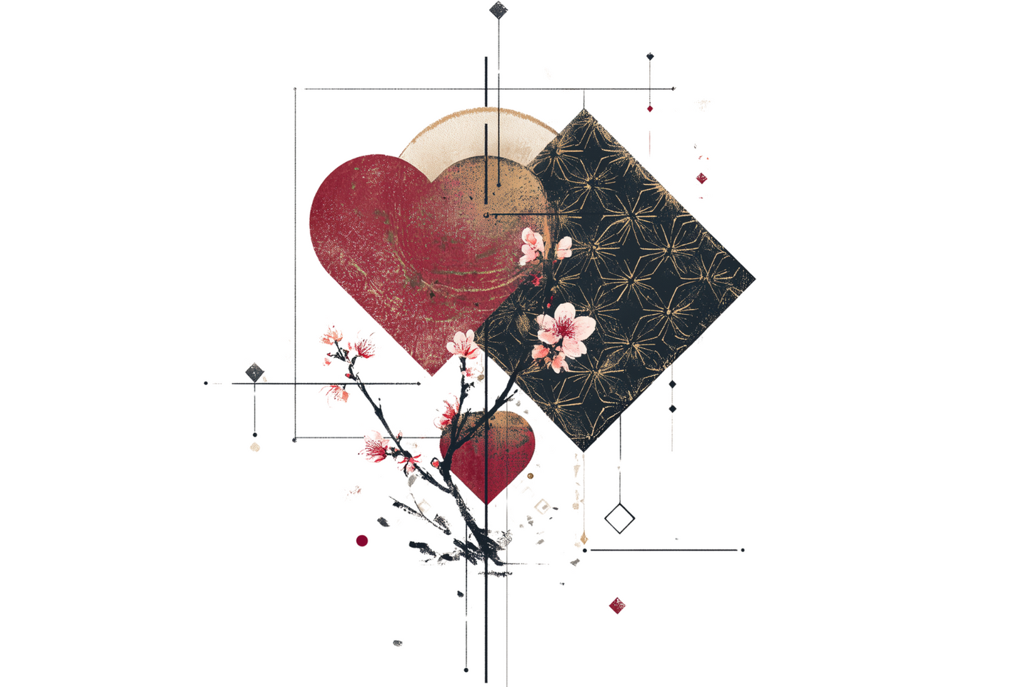 Geometric heart art with sakura and Japanese pattern