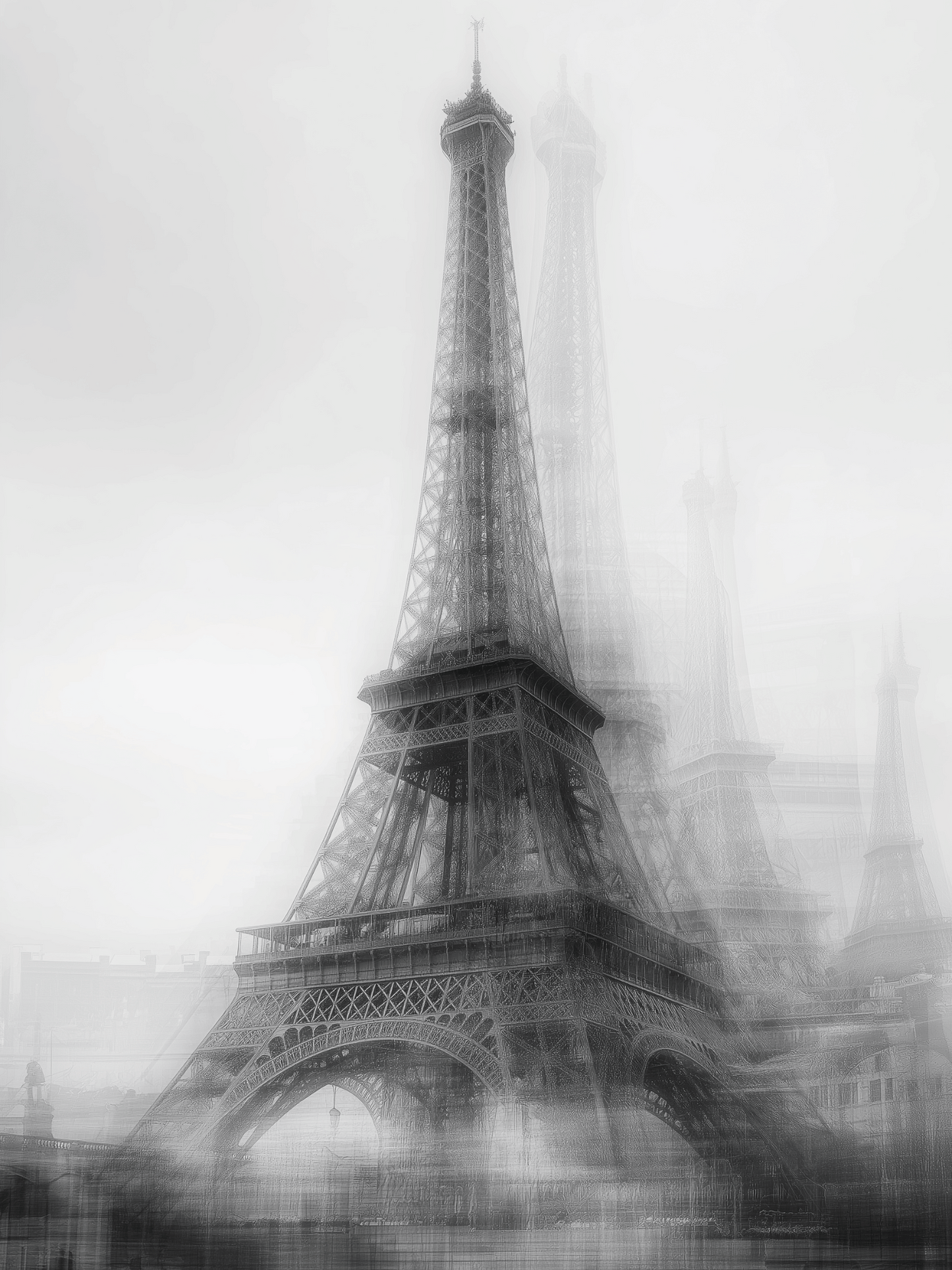 Ghosts of the Eiffel Tower in Paris fog