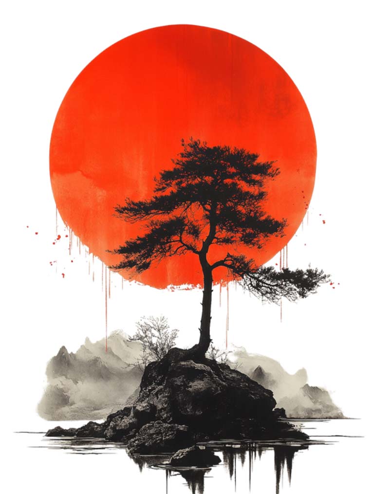 Japanese mesquite tree in red sun