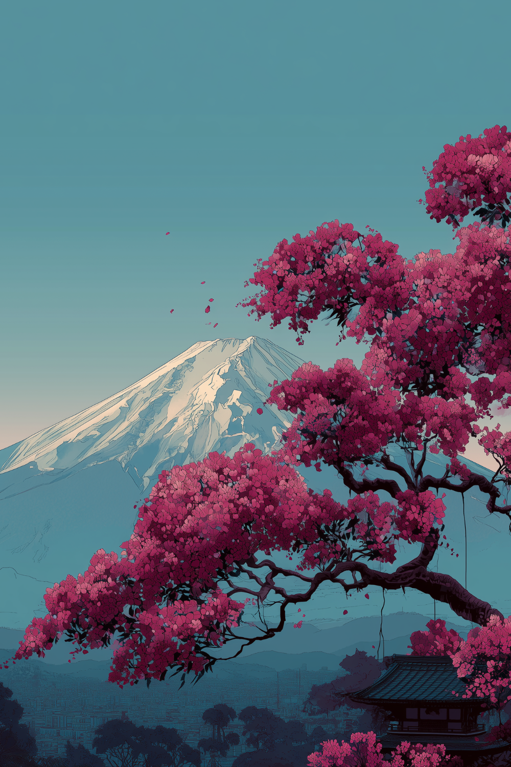 Mount Fuji view with cherry blossoms and traditional temple