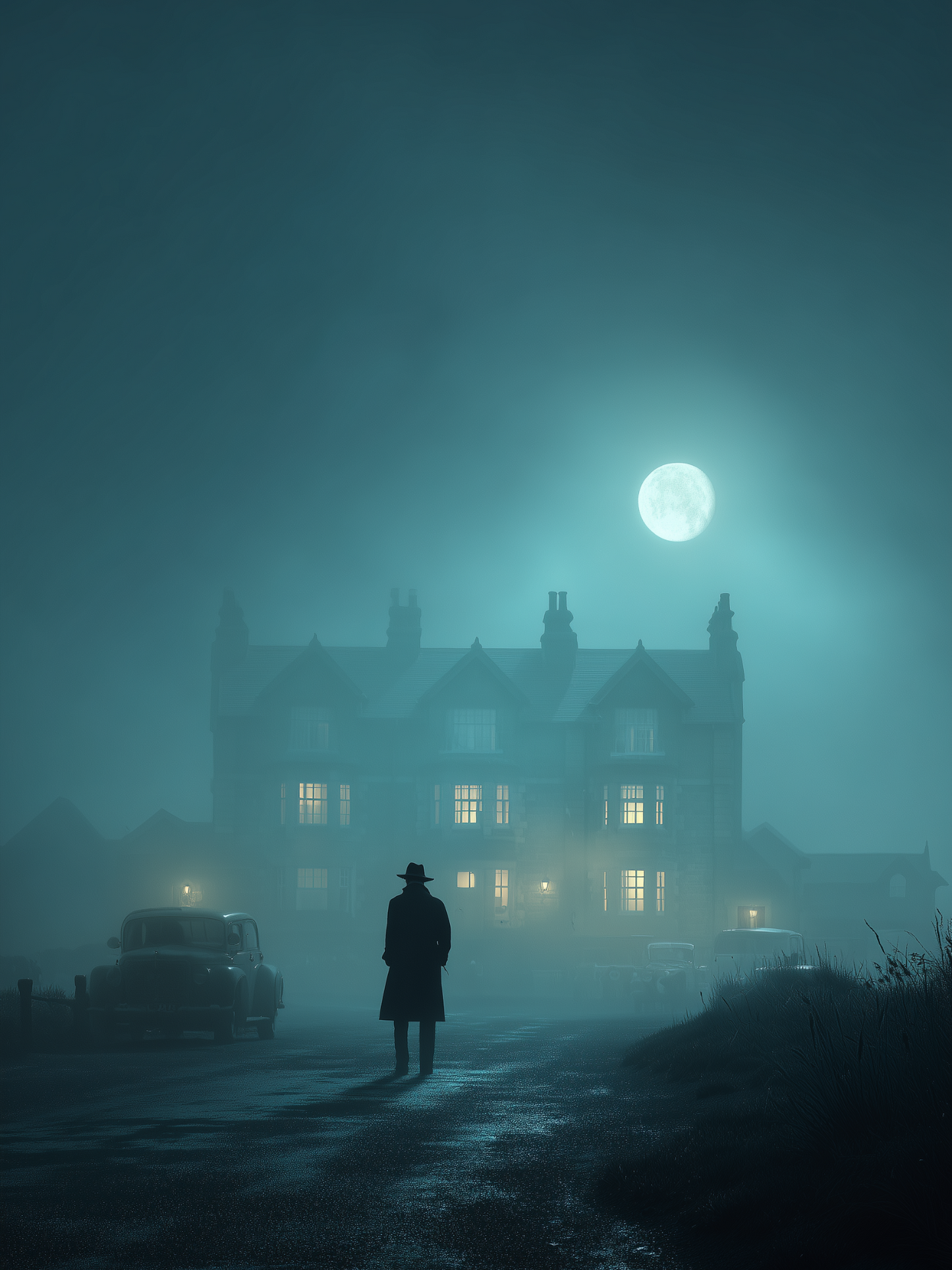 Mysterious man under moonlight approaching foggy mansion