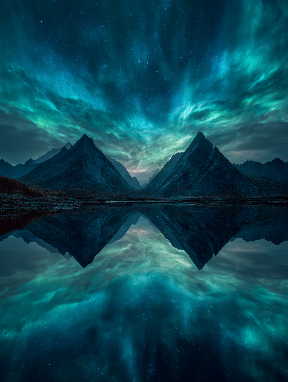 Mystical mountain reflection under aurora sky