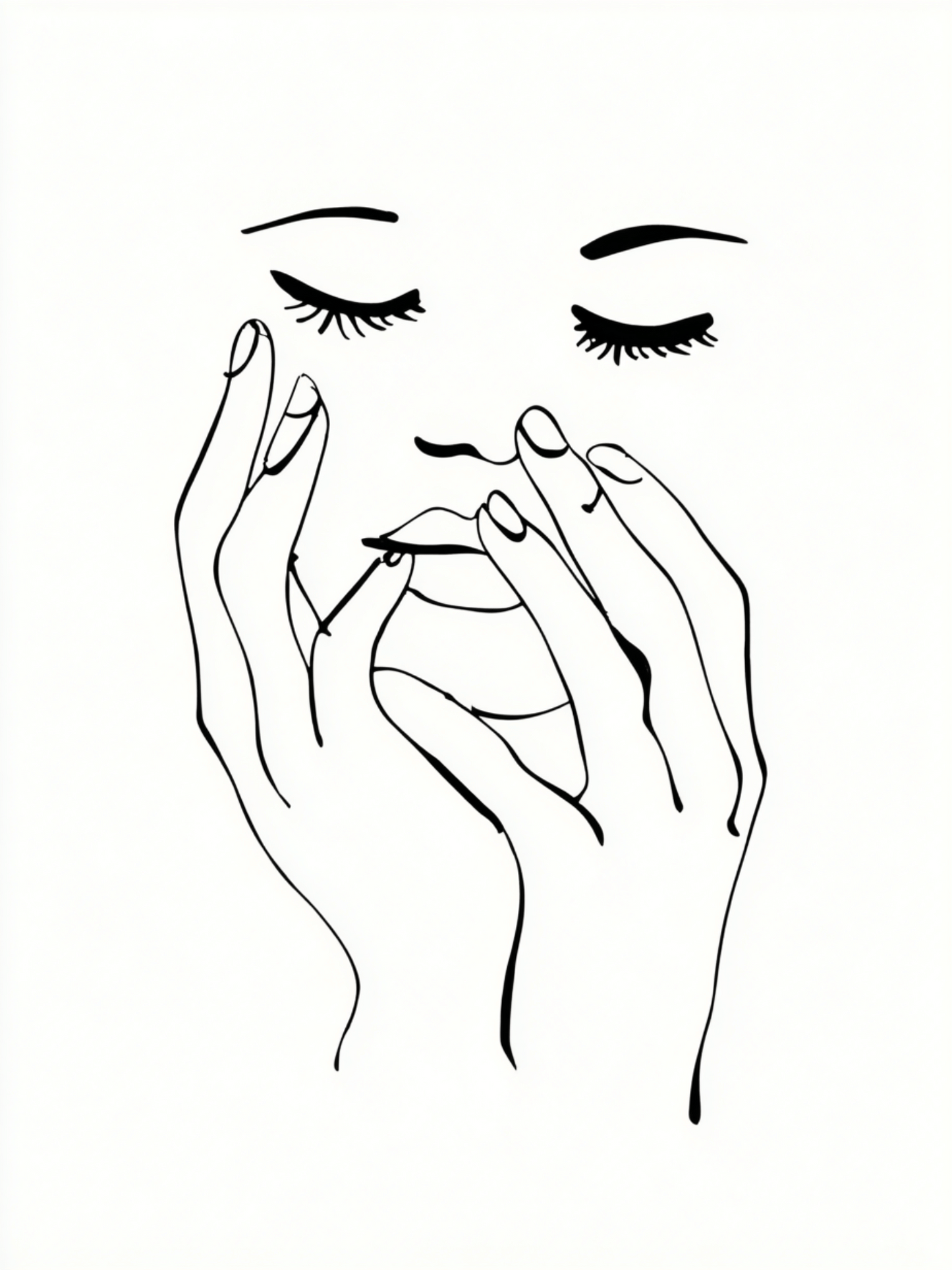Peaceful face with delicate hands line art