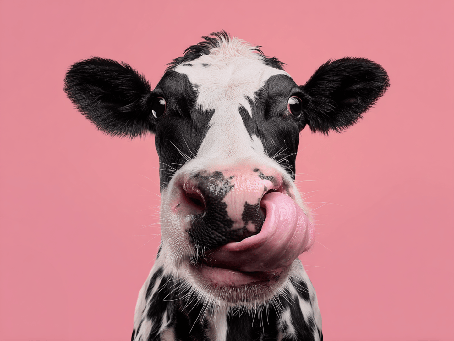 Playful cow portrait on pink background