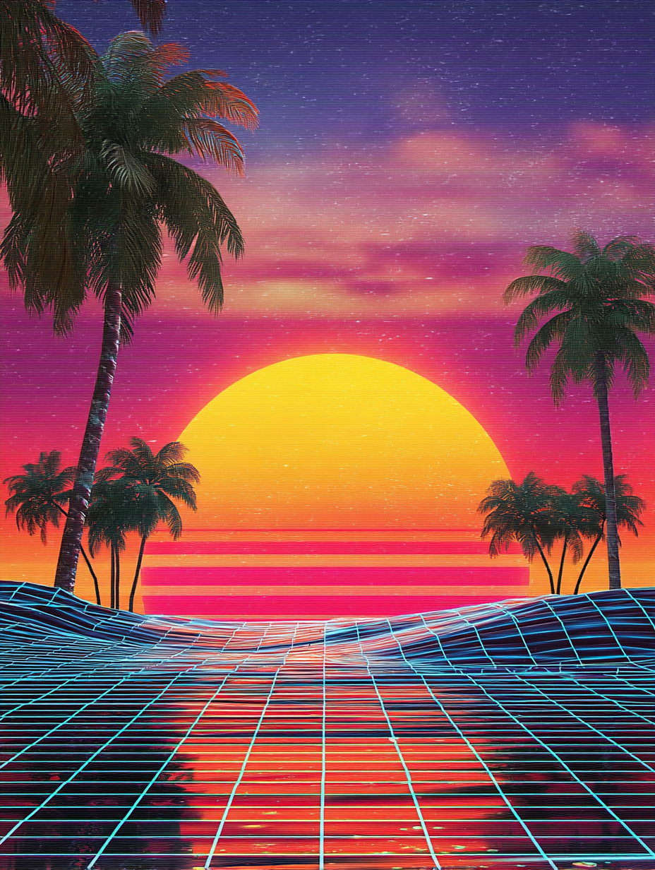 Retro sunset synthwave beach
