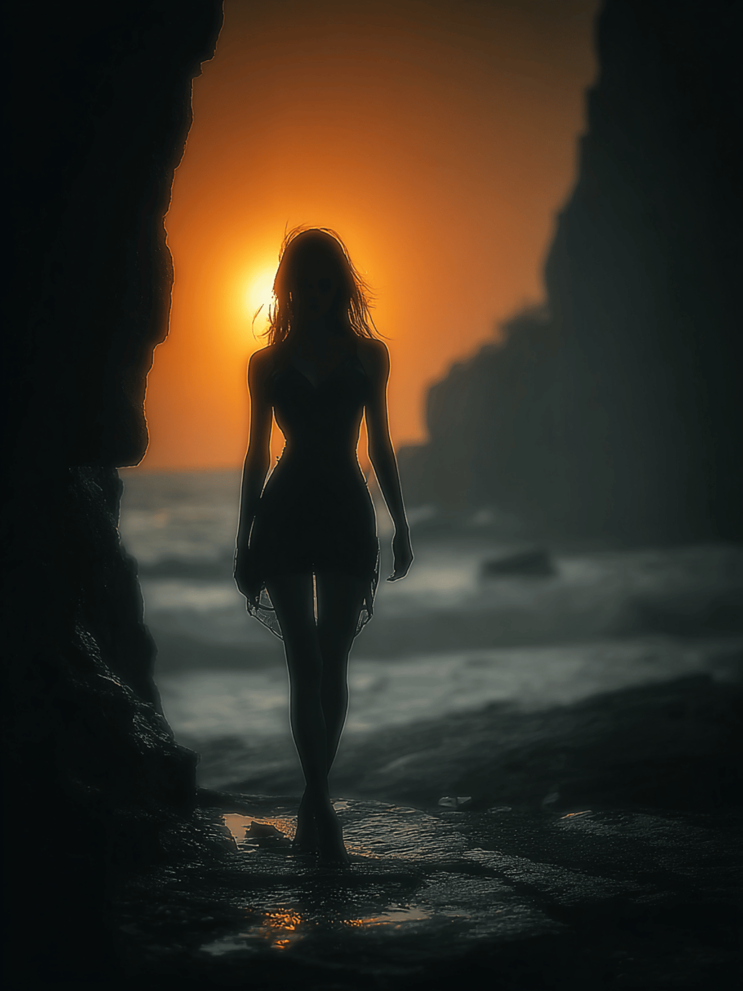 Silhouette at sunset cove