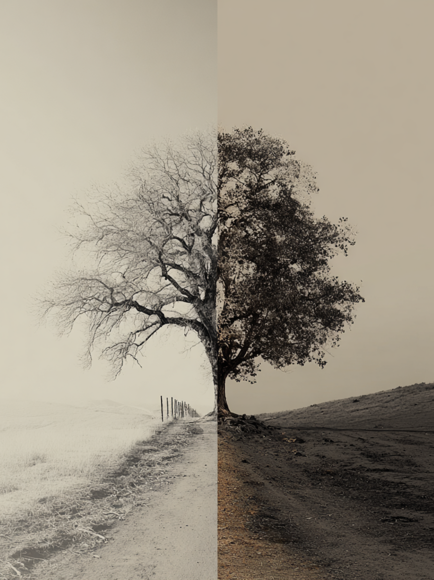 Split tree artwork showing contrast of seasons and tones