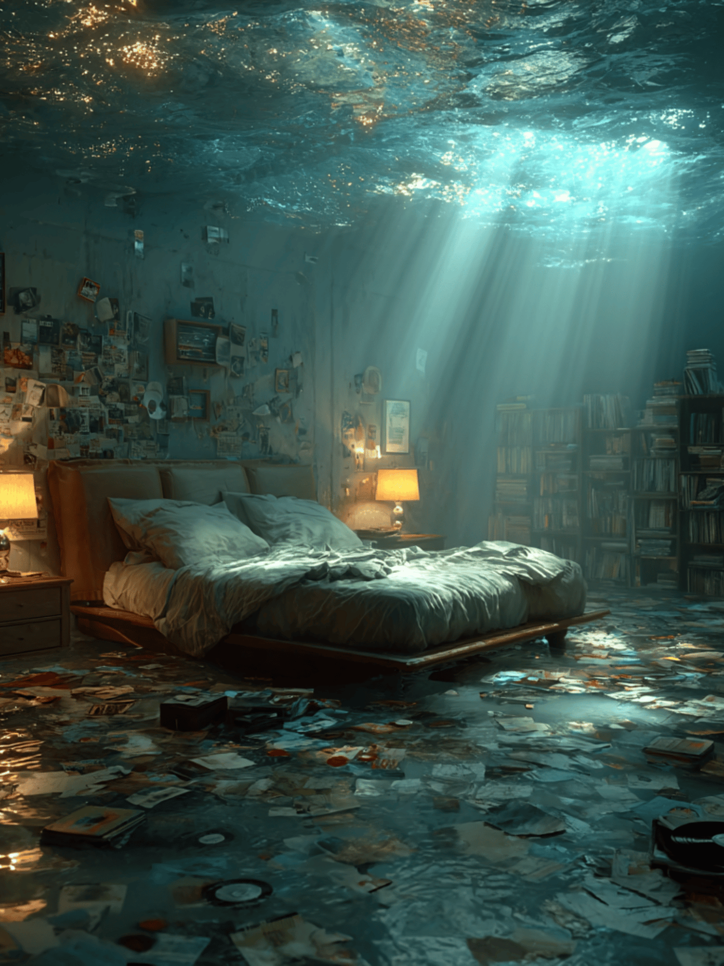 Sunlit underwater bedroom filled with memories