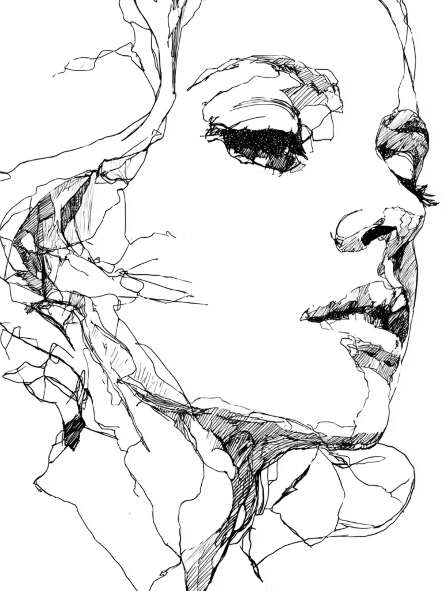 Surreal fragmented portrait in ink lines