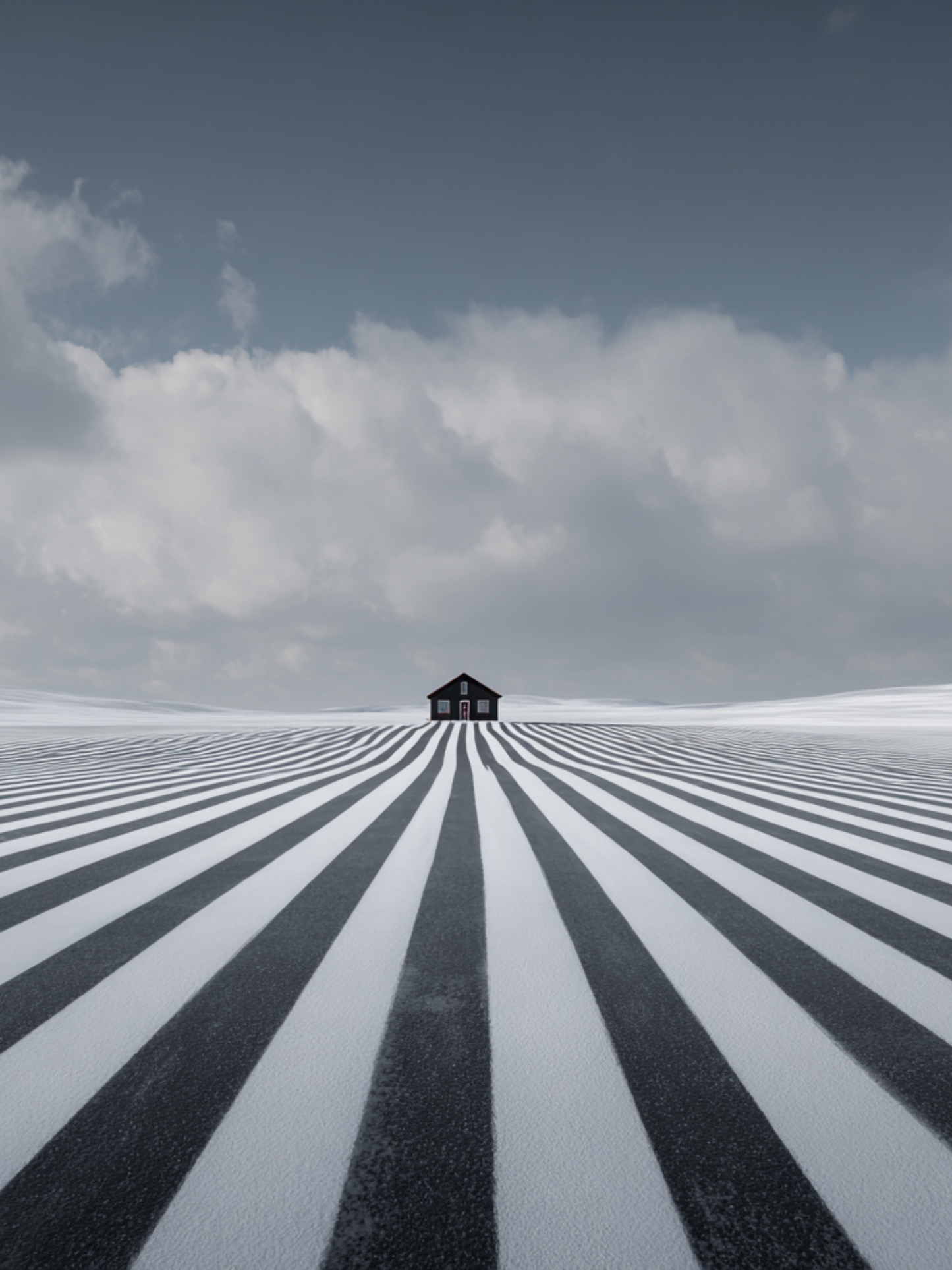 Surreal house on striped snowy field under cloudy sky