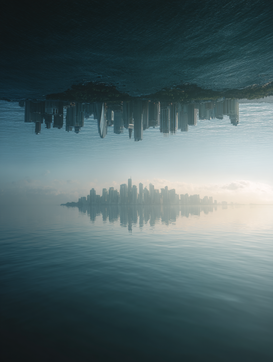 Surreal mirrored city skyline over calm ocean