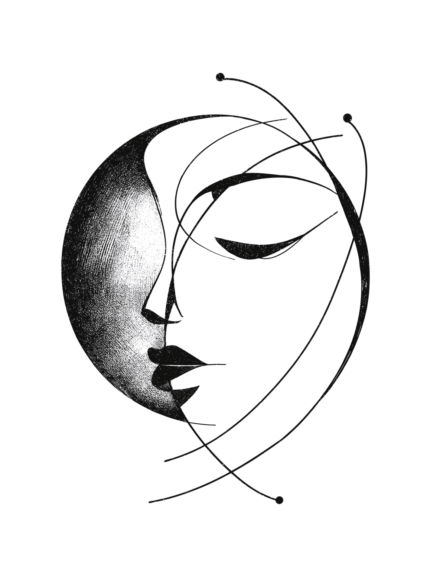 Surreal moon face with celestial lines