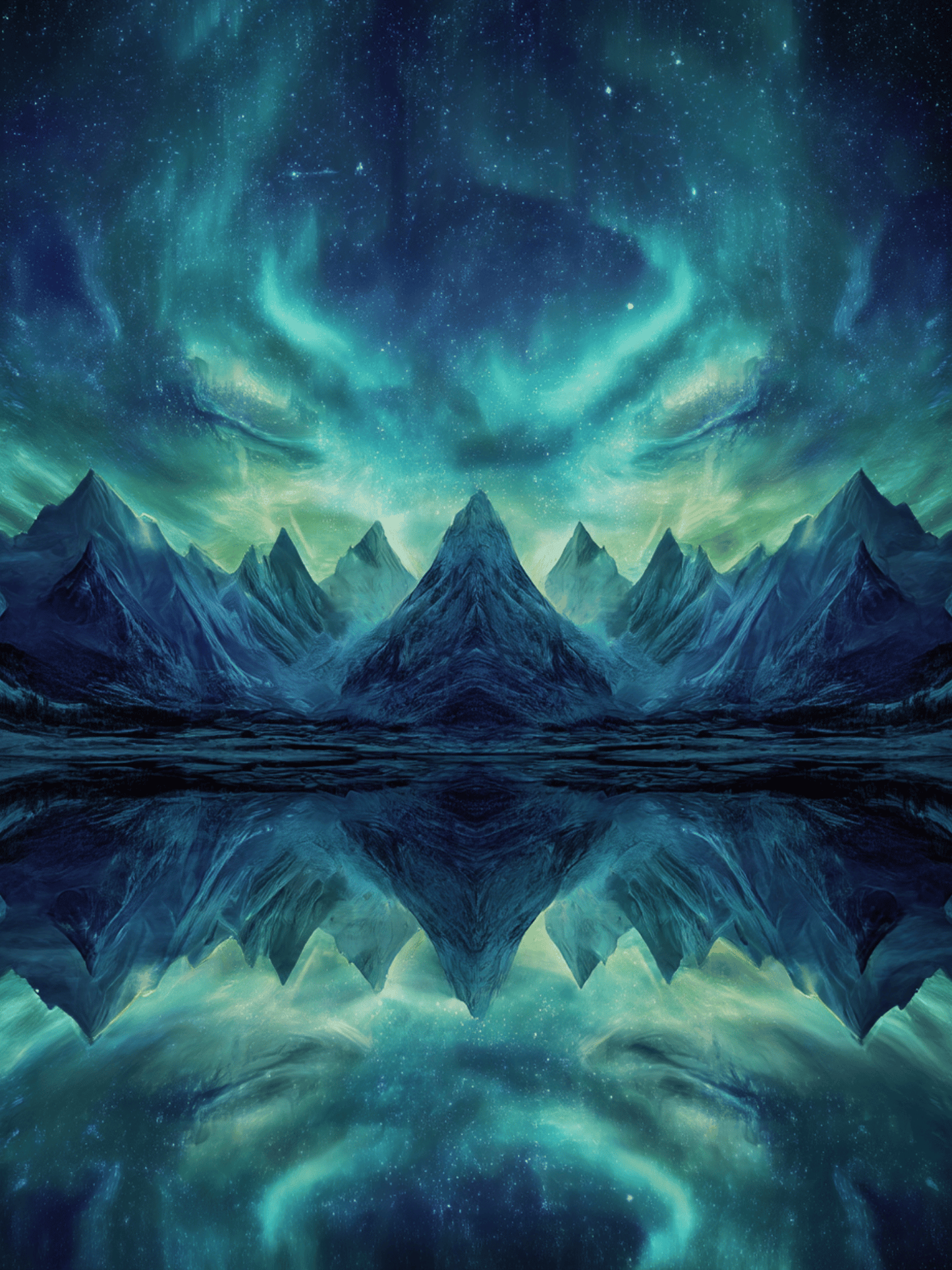 Symmetrical mountains beneath glowing aurora sky