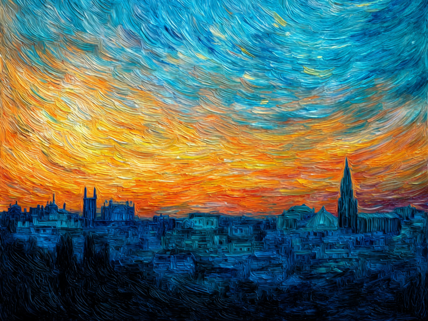 Vibrant cityscape at sunset with swirling sky