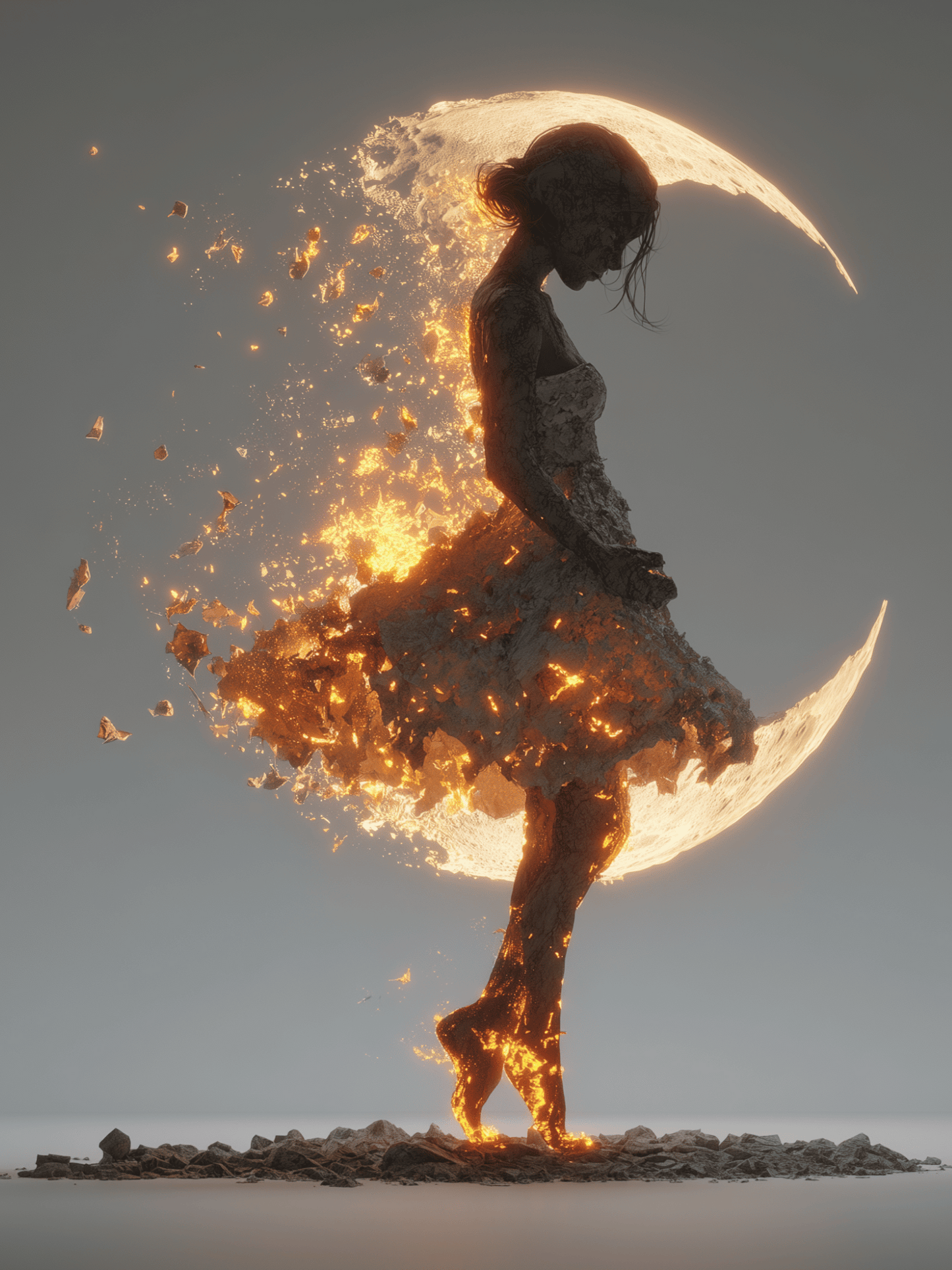 Woman dissolving into flames in front of crescent moon