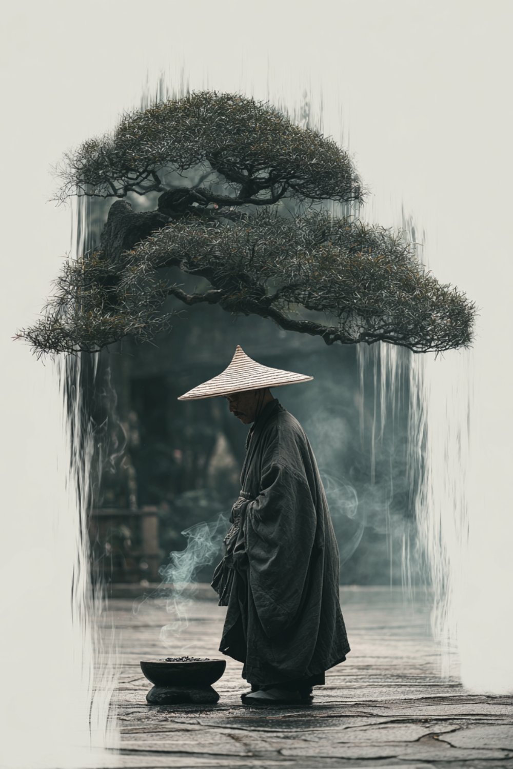 Zen monk with incense under ancient bonsai tree