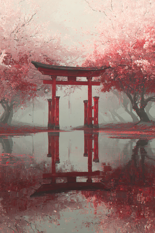 Red torii gate amid cherry blossoms with water reflection