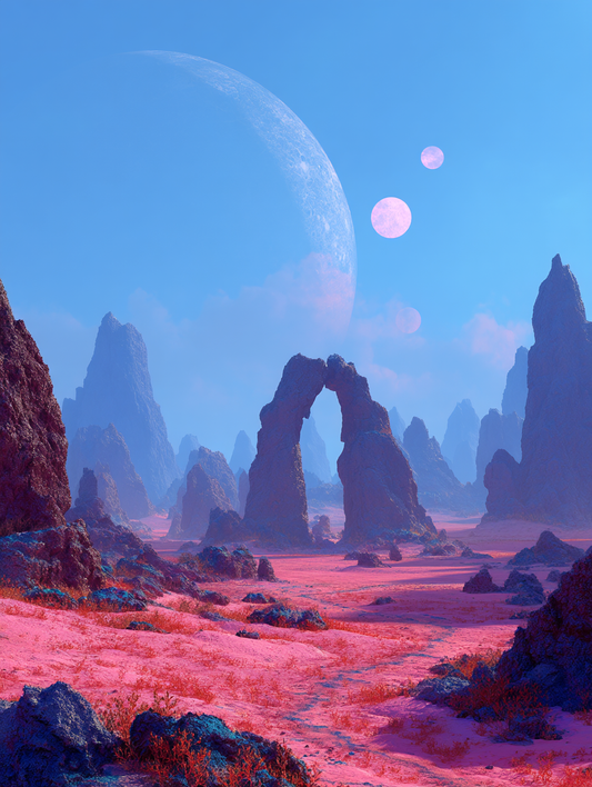 Alien landscape with arches and pink moons