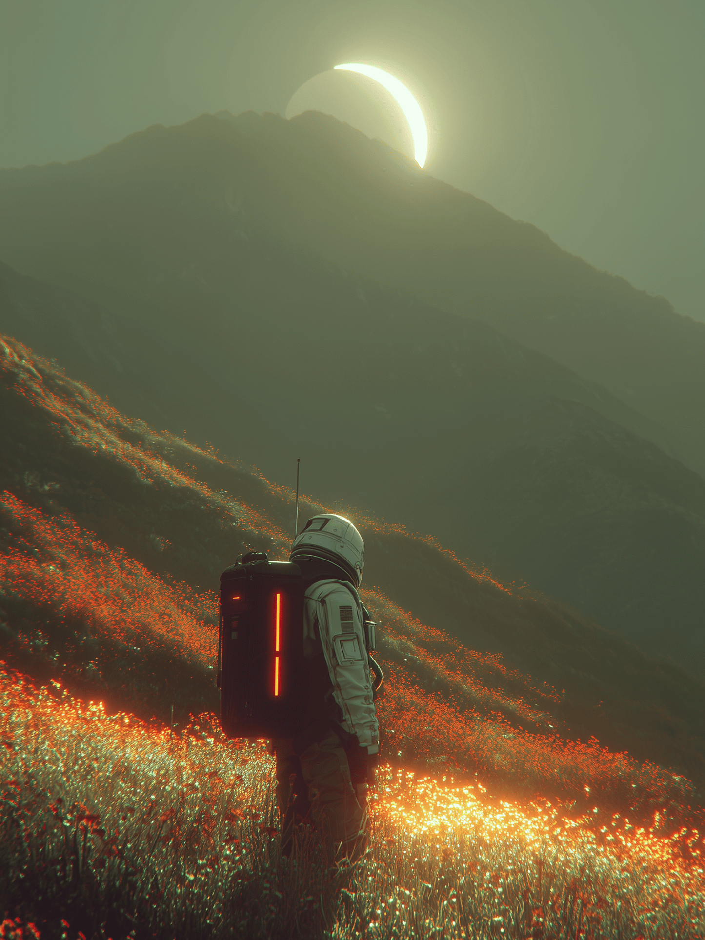 Astronaut wandering under eclipse glow