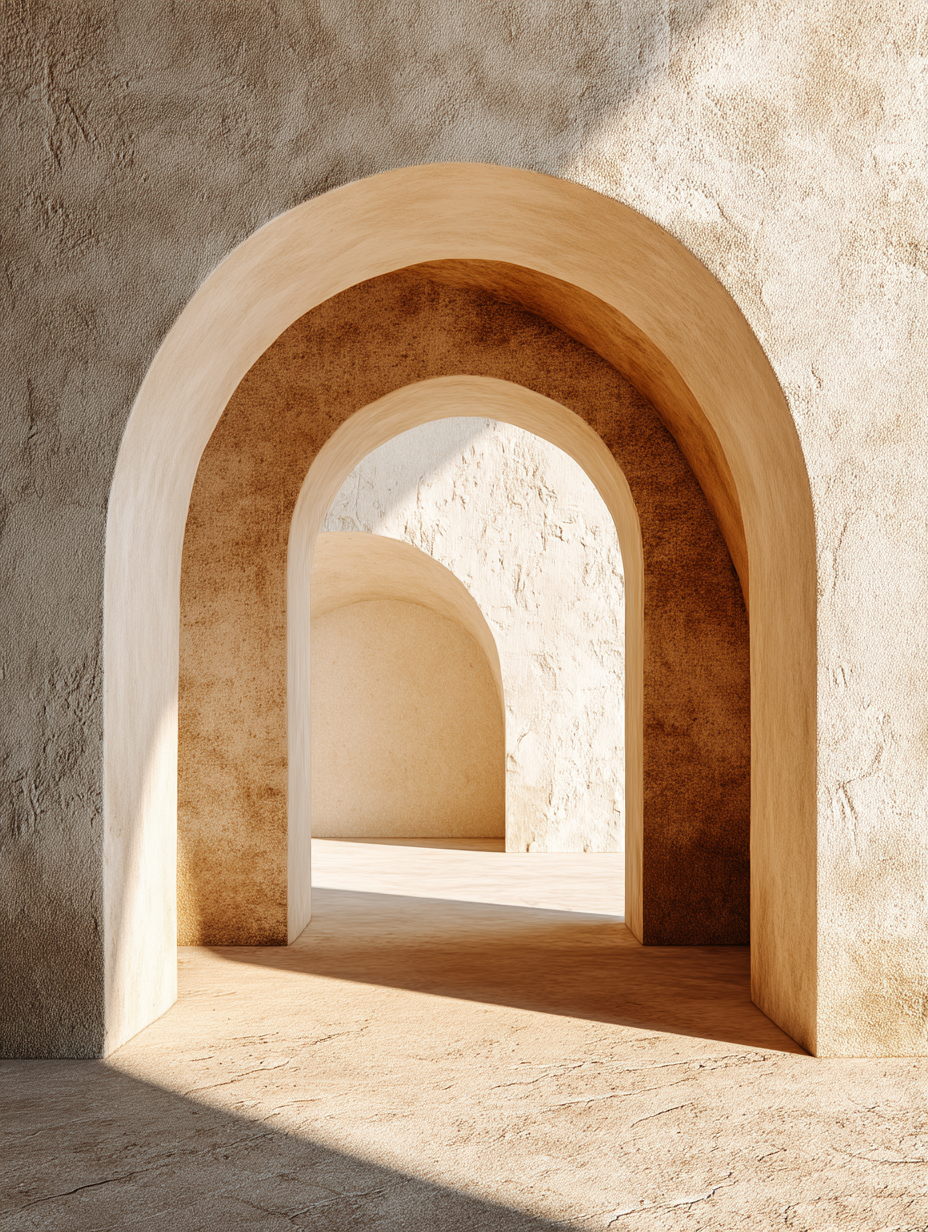 Boho neutral arched hallway with natural light and texture