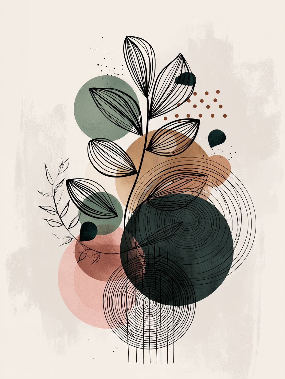 Boho neutral botanical art with abstract shapes and circles