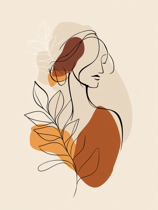 Boho neutral female line art with earthy botanical accents