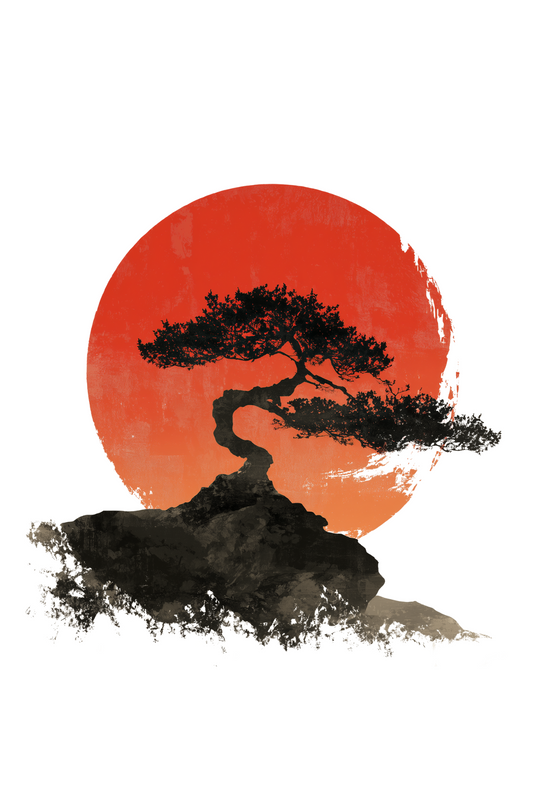Bonsai tree silhouette with red sun Japanese ink style