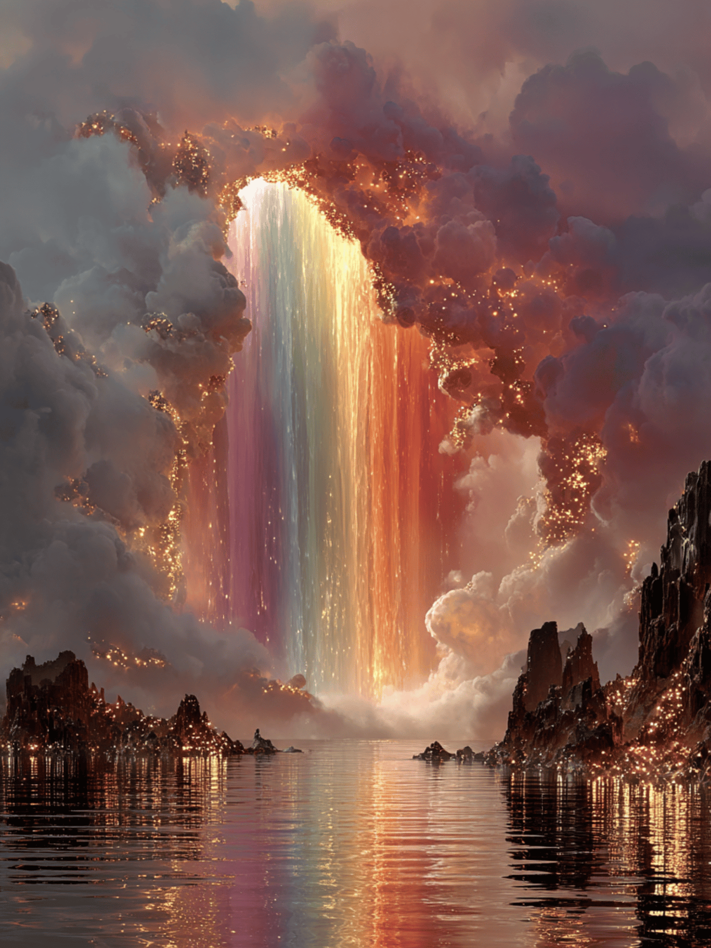 Celestial rainbow waterfall over ocean