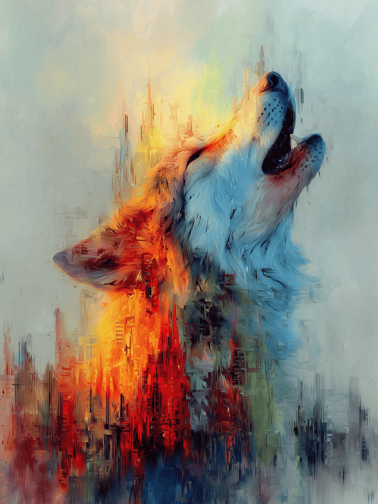 Colorful abstract wolf howling in surreal expressionist style