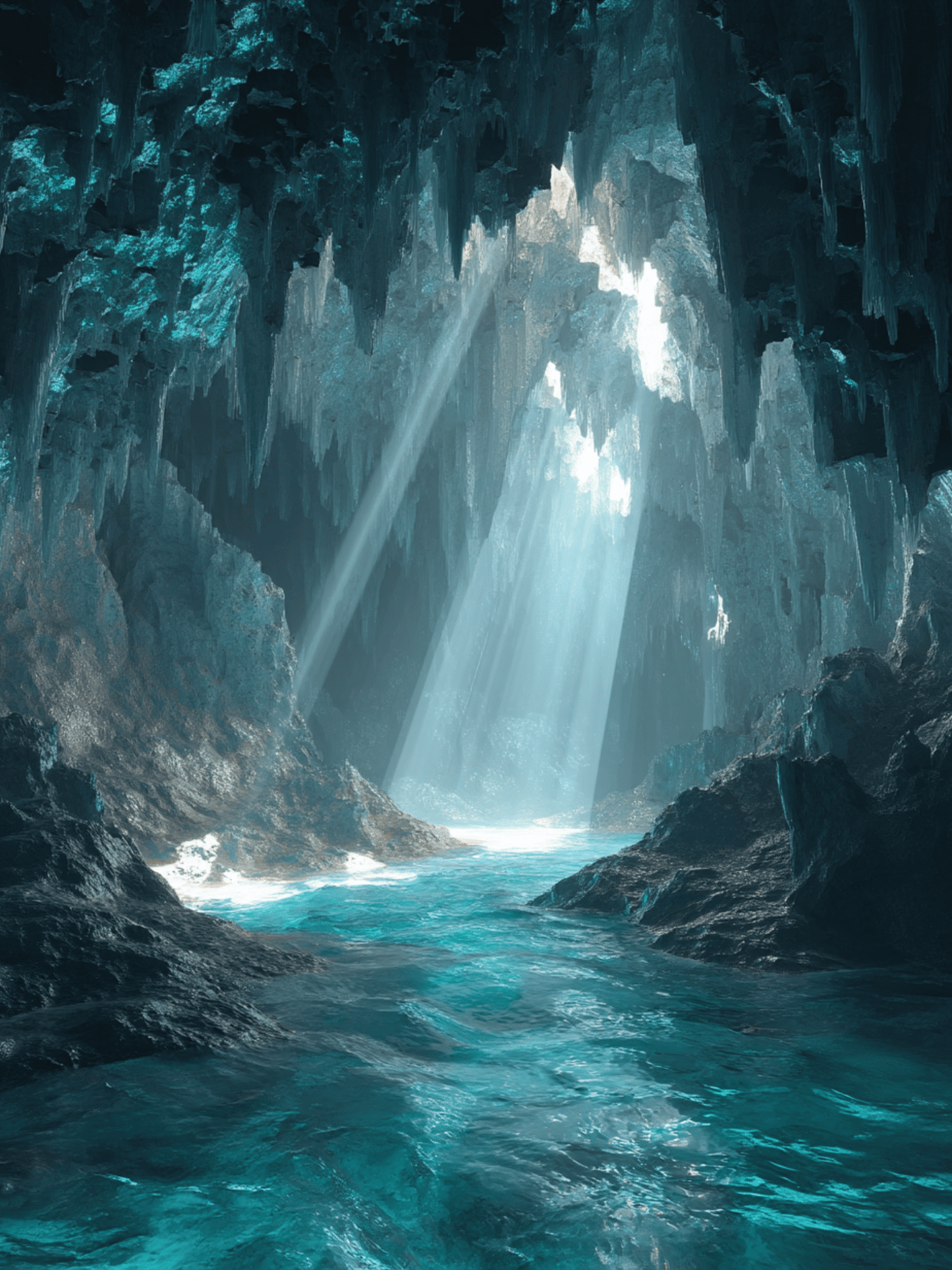 Crystal cave with glowing blue water and sunbeams