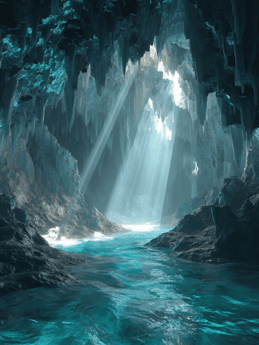 Crystal cave with glowing blue water and sunbeams