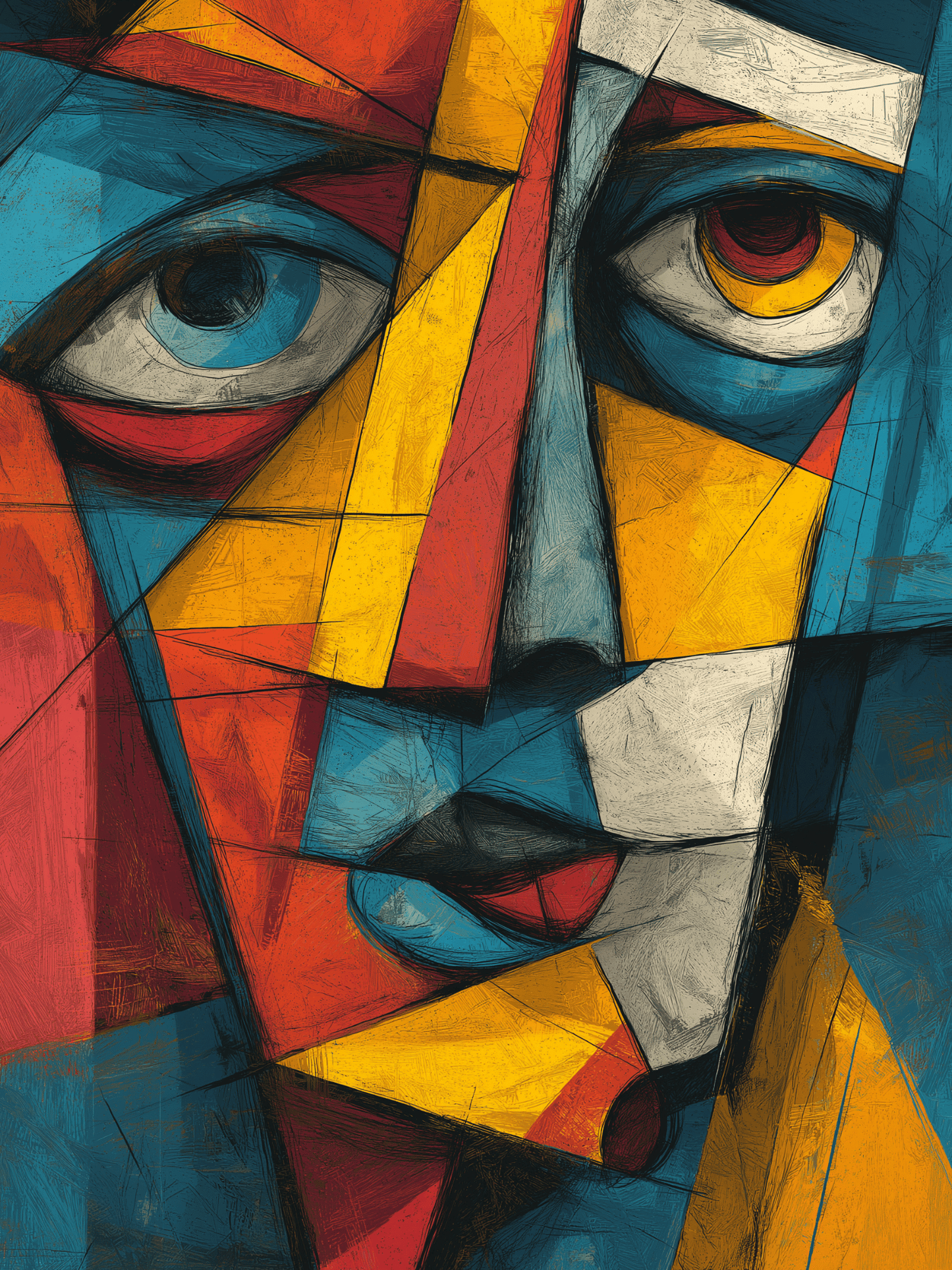 Cubist abstract face in bold primary colors