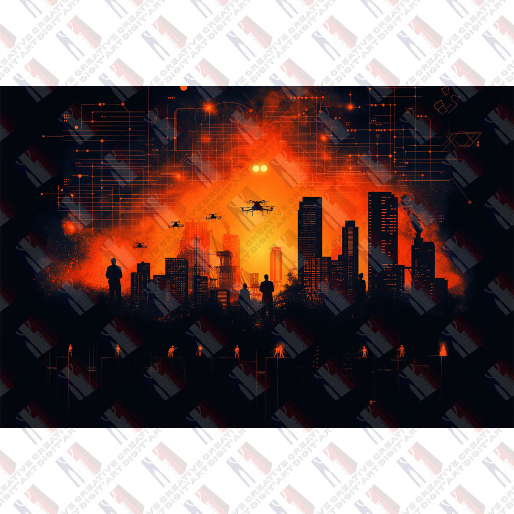 Cyberpunk cityscape in fiery hues