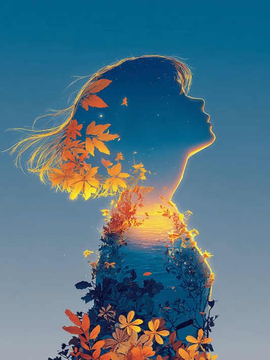 Double exposure silhouette with sunset and autumn leaves