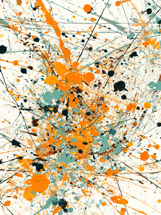 Energetic paint splatter in orange and teal