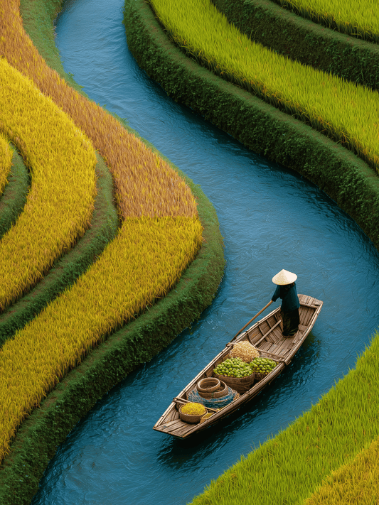 Farmer rowing through lush rice terraces