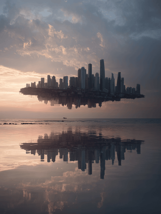 Floating city at sunset reflection