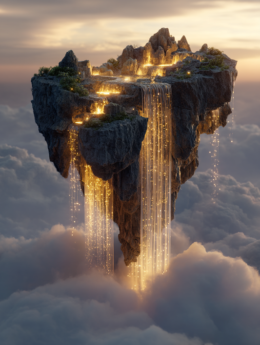 Floating island with golden waterfalls in surreal sky