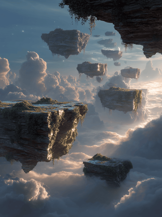 Floating islands above the clouds at sunrise