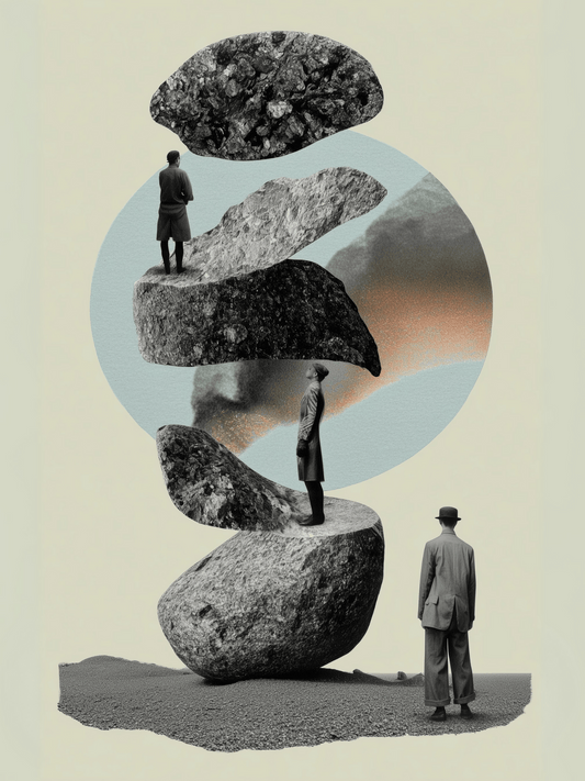 Floating stone staircase with men in coats