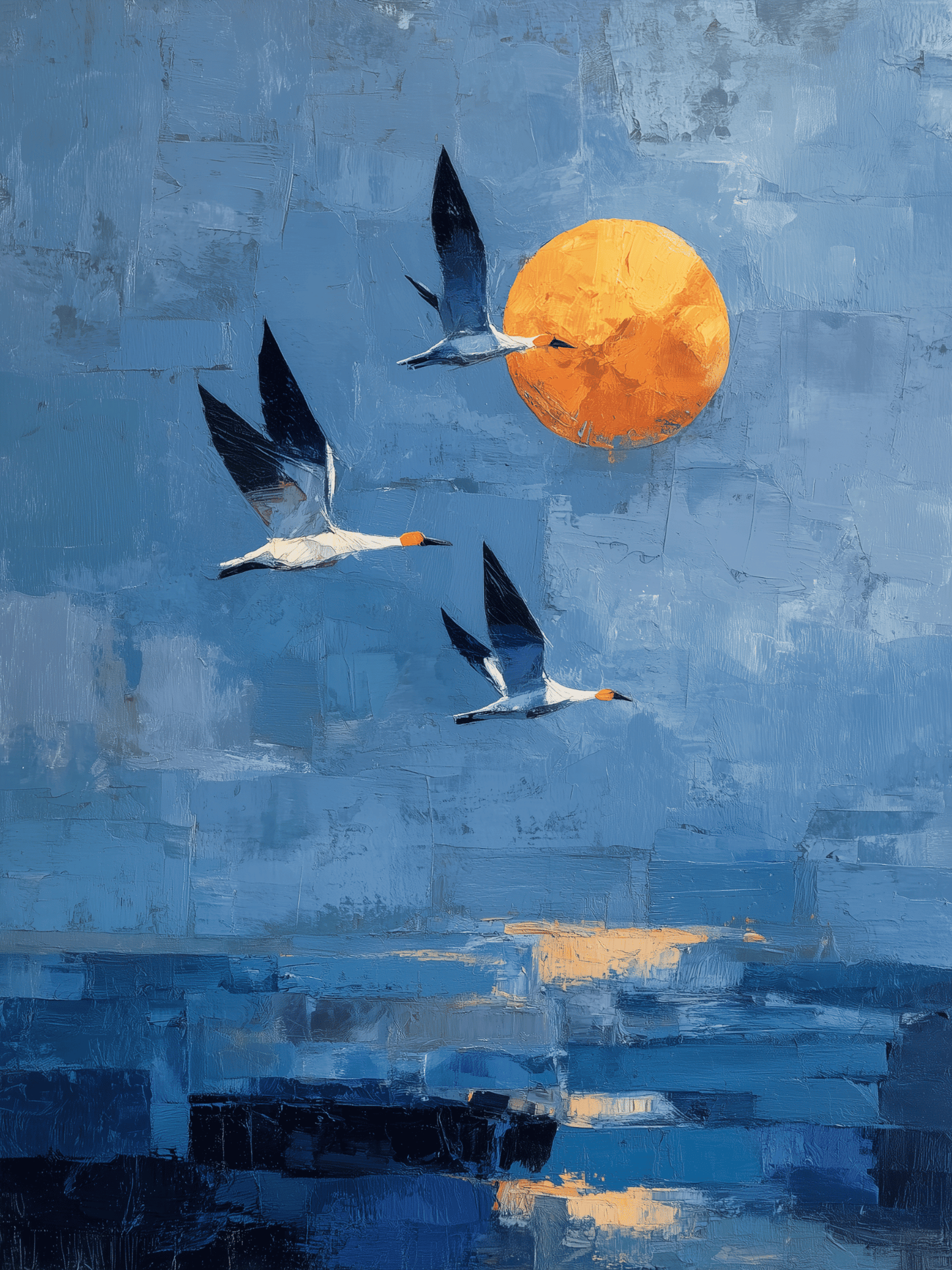 Geese flying over ocean at sunset with textured blue sky