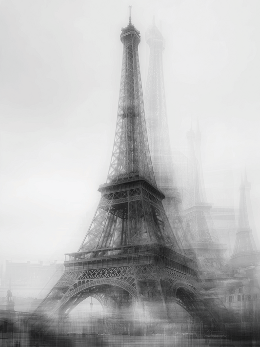 Ghosts of the Eiffel Tower in Paris fog