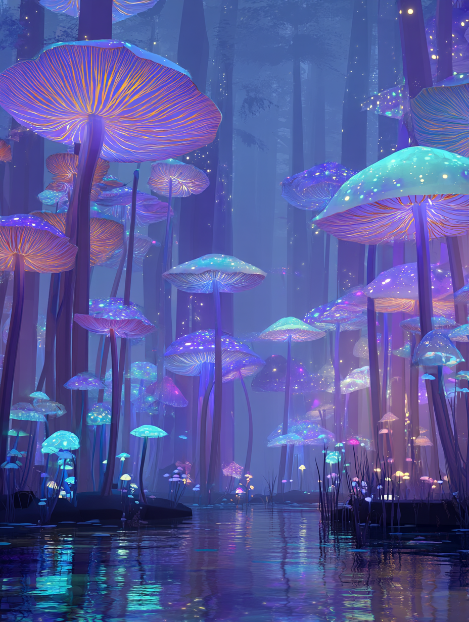 Glowing mushrooms in magical twilight forest