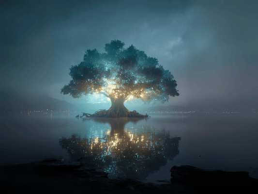 Glowing tree of light over calm lake