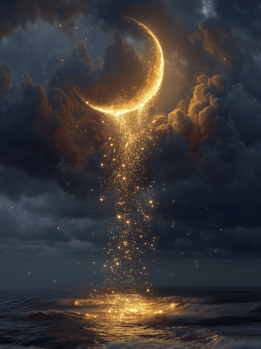Golden crescent moon pouring light into ocean waves