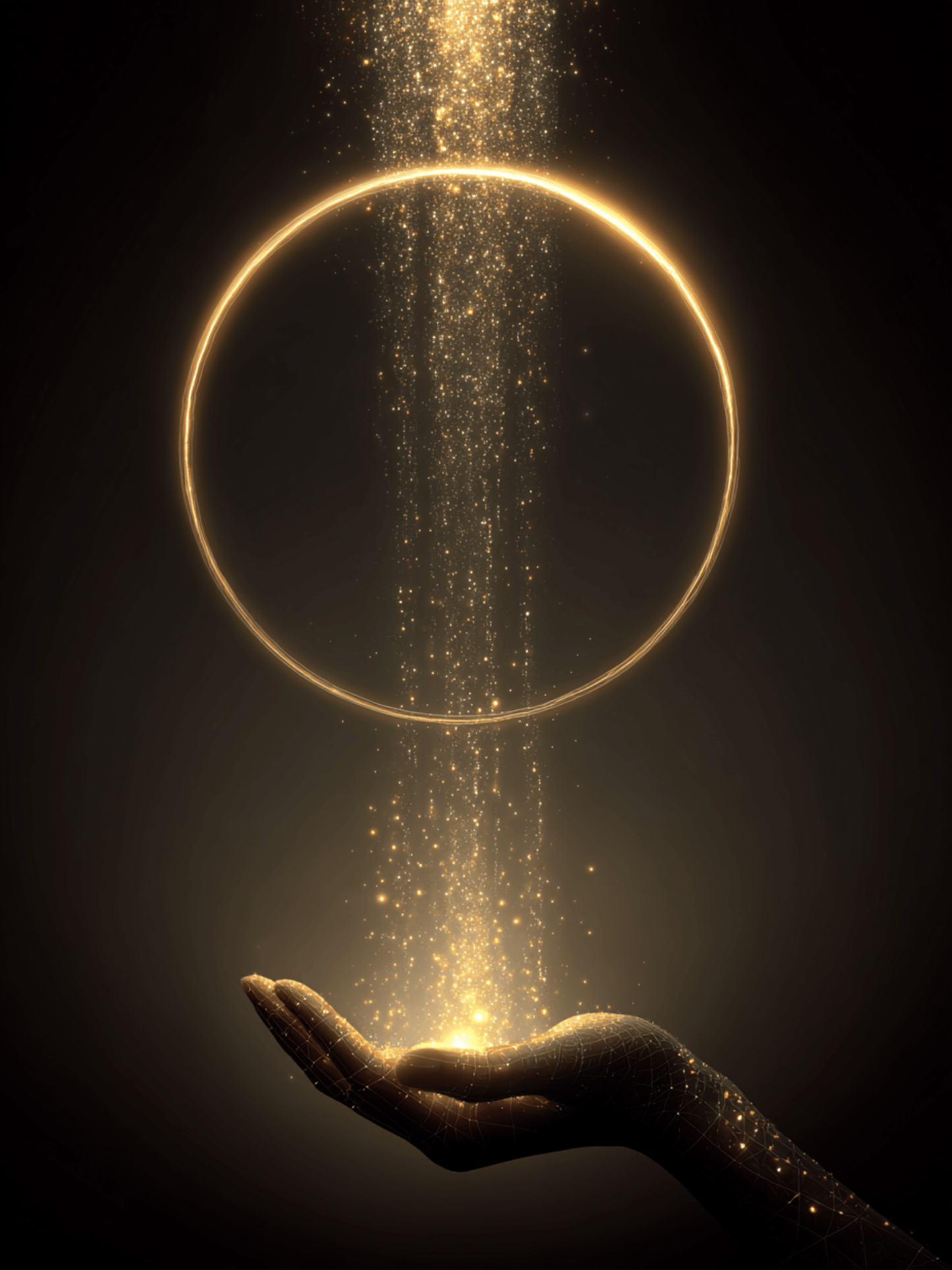 Golden ring of light flowing into a hand