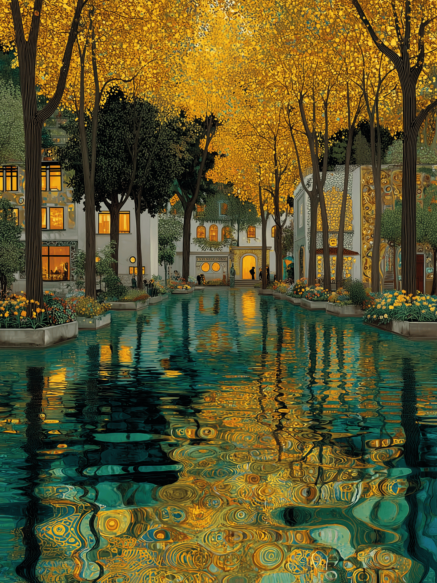 Golden tree canal with colorful reflections